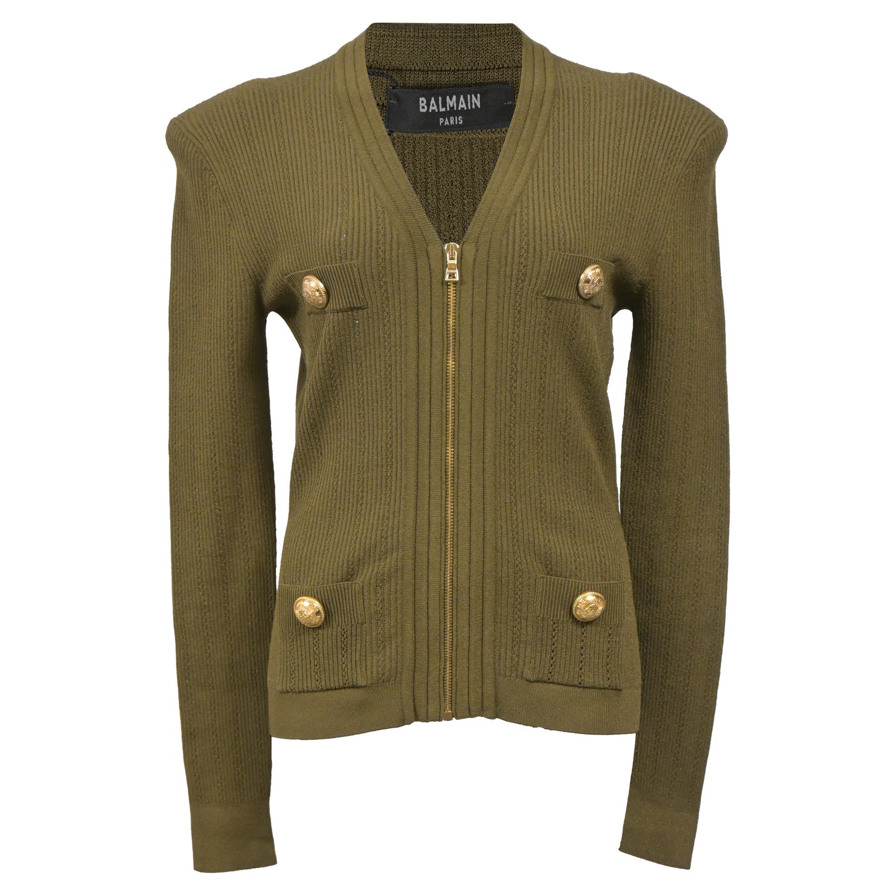 Balmain Zip Strickjacke aus olivgrüner Wolle – 7833641025596
