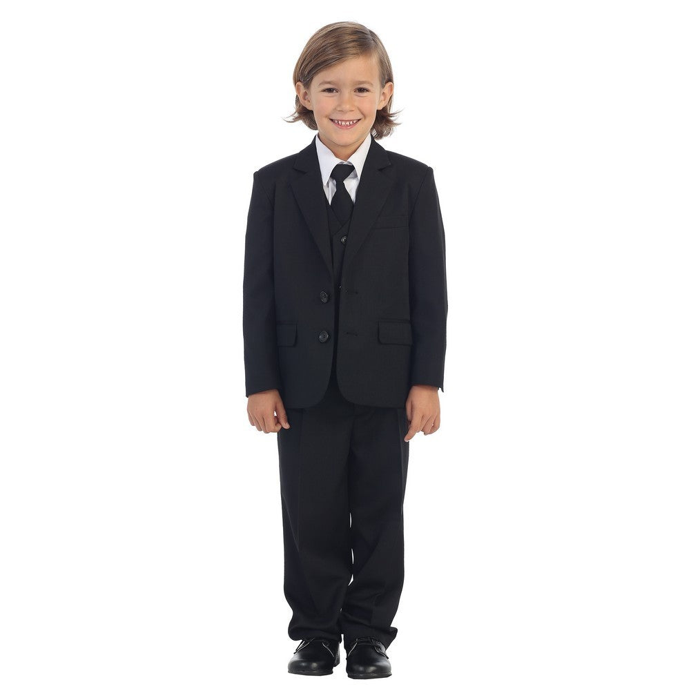 Kleine Jungen, schwarze Juwelen und Herrenjacke, Weste, Hemd, Krawatte, Hose, 5-teiliger Anzug, 2T-7