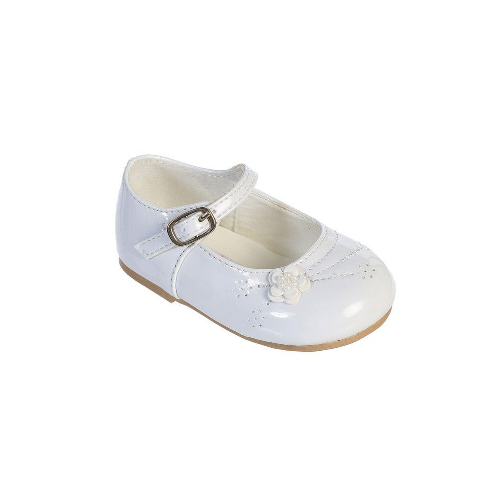 Weiße Mary-Jane-Kleiderschuhe aus Lackleder mit Blumenapplikation für Mädchen, 1–4 Babys