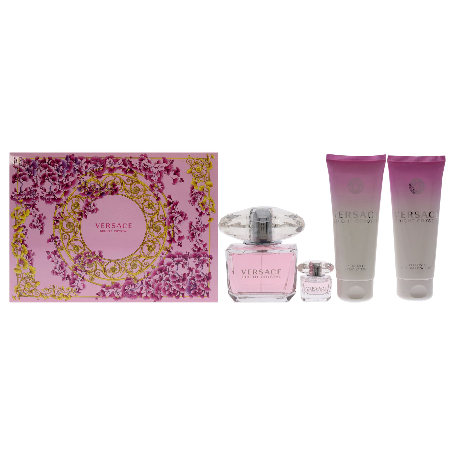 Versace Bright Crystal von Versace für Damen – 4-teiliges Geschenkset 3 oz EDT Spray, 3,4 oz parfümierte Körperlotion, 3,4 oz parfümiertes Bade- und Duschgel, 5 ml EDT Splash Mini