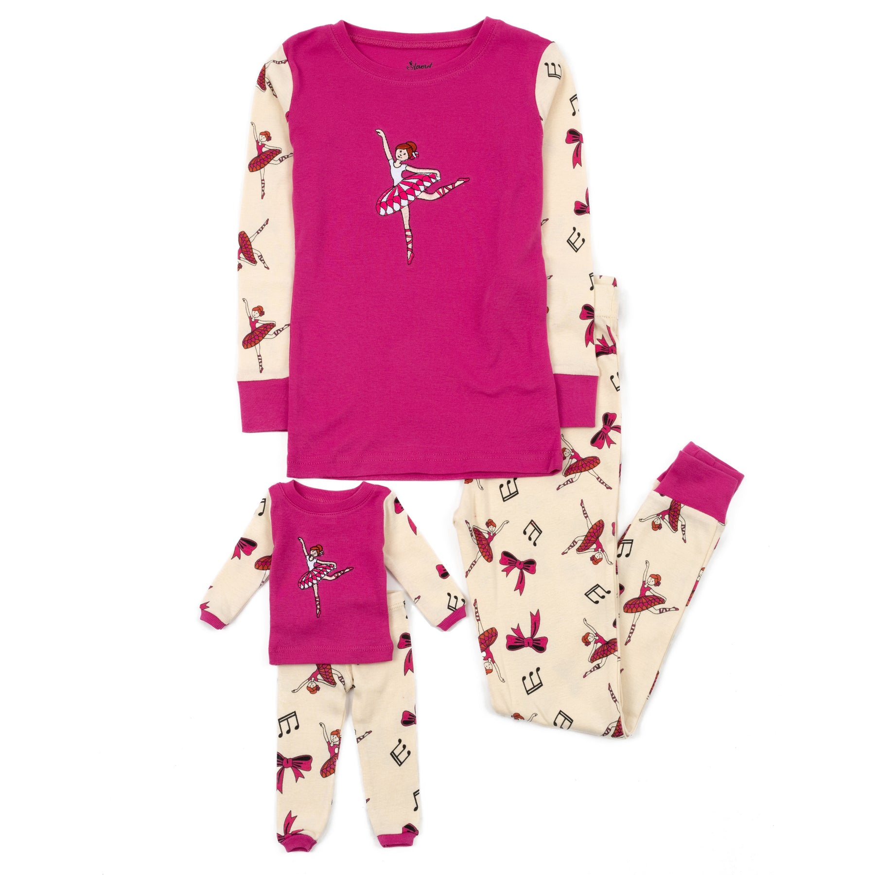 Mädchen und passende Puppe Baumwolle Pyjama Ballerina heiß rosa