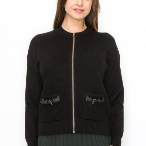 schwarze Strickjacke mit Reißverschluss und Taschendetail 7832922652732