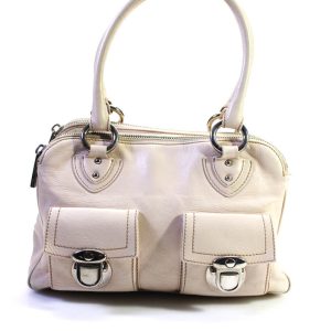 Marc Jacobs Damen-Schulterhandtasche mit doppeltem Griff und Reißverschluss, Druckknopfverschluss, beiges Leder