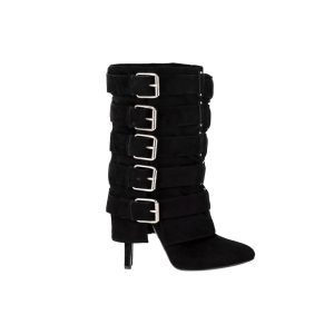 Balmain High-Heel-Stiefel mit Schnalle aus schwarzem Wildleder