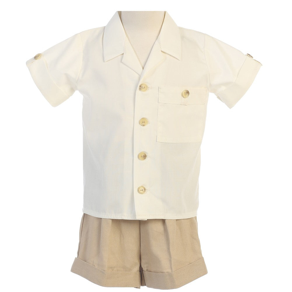 Baby Jungen khaki weiß Poly-Baumwoll-Shirt Rayon Leinen Shorts Set 3-24M
