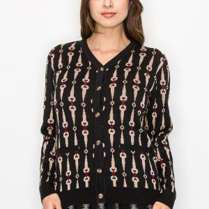 schwarze Strickjacke mit fett geometrischem Druck 7832923078716