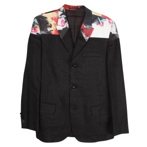 Yohji Yamamoto Paint Print Contrast Panel Blazer Jacke aus schwarzem Leinen 7703697653820