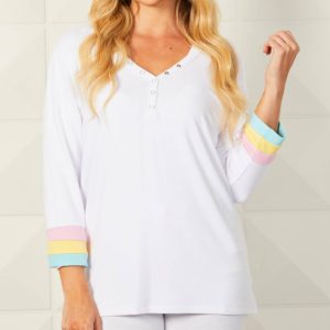 Detail Button Neck Multi Color Sleeve Top in weiß